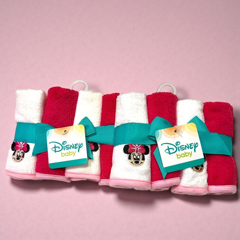 Bundle of 2 Disney‎ Baby Minnie Mouse 4pk Red White Embroidered Wash Cloths